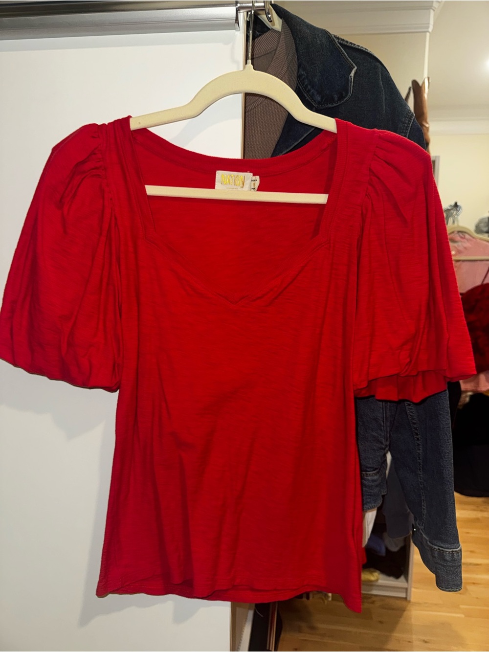 Nation LTD Red Puff Sleeve Square Neck Top